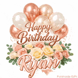 Stylish pink and gold Happy Birthday Ryan animation with floral decor