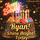 Warm flickering candles on top of a chocolate glaze cake with Ryan's name in elegant writing.