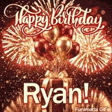 White Happy Birthday script text with red outline above gold and burgundy balloons and the name Ryan