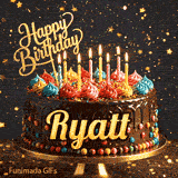 Gold lettering spelling the name Ryatt on a festive chocolate cake with colorful sprinkles around the base.