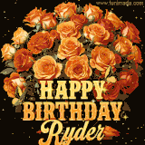 Animated bouquet of orange roses with moving butterfles and golden 'Happy Birthday Ryder' text, surrounded by sparkling accents and a dark backdrop for a luxurious feel.