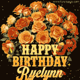 Animated bouquet of orange roses with moving butterfles and golden 'Happy Birthday Ryelynn' text, surrounded by sparkling accents and a dark backdrop for a luxurious feel.