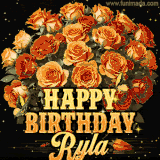 Animated bouquet of orange roses with moving butterfles and golden 'Happy Birthday Ryla' text, surrounded by sparkling accents and a dark backdrop for a luxurious feel.