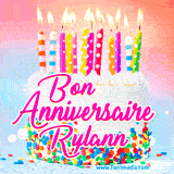 A white birthday cake covered in colorful sprinkles, topped with bright candles, and French text 'Bon Anniversaire Rylann' on a pastel gradient background in an animated GIF.