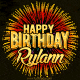 Golden 'Happy Birthday Rylann' text accompanied by animated rainbow fireworks for a festive animated greeting.