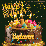 A delightful chocolate birthday cake with bright candles and 'Happy Birthday Rylann' written in gold amidst a shower of animated stars.