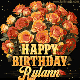 Animated bouquet of orange roses with moving butterfles and golden 'Happy Birthday Rylann' text, surrounded by sparkling accents and a dark backdrop for a luxurious feel.