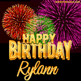 A golden 'Happy Birthday Rylann' message with vibrant fireworks in the background, creating a festive and celebratory vibe in this animated name GIF.