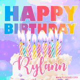 A vibrant animated name GIF with the words 'Happy Birthday Rylann' with colorful candles on a creamy cake. The background sparkles with pastel shades, adding a festive touch.