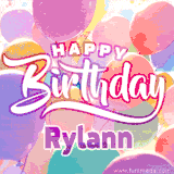 A vibrant name GIF featuring colorful balloons in shades of pink, orange, and yellow with the bold text 'Happy Birthday Rylann' in festive fonts, creating a lively birthday vibe.