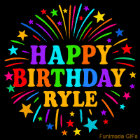 Vibrant animated GIF with 'Happy Birthday Ryle' in rainbow-colored text, surrounded by colorful stars and fireworks on a black background.