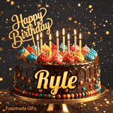 Golden star sprinkles and bokeh lights surrounding a rich chocolate cake personalized with Ryle's name.