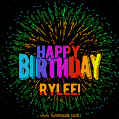 A colorful animated GIF featuring the text 'Happy Birthday Rylee!' in rainbow colors with a dynamic iridescent firework display in the background.