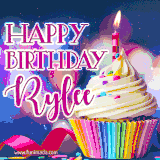 A festive animated GIF featuring a colorful cupcake with a single lit candle, sprinkles, and 'Happy Birthday Rylee' text against a sparkling, celebratory background.