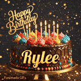 Cute chocolate cake GIF with the name Rylee, decorated with glowing birthday candles and multicolored icing.