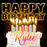A vibrant animated GIF featuring a delicious birthday cake topped with glowing candles and the name 'Rylee' in elegant script, and the words 'Happy Birthday' on the black background.