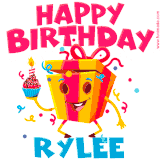 A funny animated birthday GIF with the words 'Happy Birthday Ryleea', colorful gift box with arms and legs, holding a cupcake with a lit candle  with confetti everywhere.