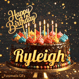A gourmet chocolate cake on a stand with burning candles and a gold Happy Birthday topper, made for Ryleigh.