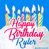 A cheerful animated GIF featuring colorful lit birthday candles on a white cake, with the text 'Happy Birthday Ryler' in bold red and blue script on a bright blue background.