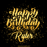 Animated GIF with colorful, festive 'Happy Birthday Ryler' text decorated with patterns, a party hat, and falling confetti. A vibrant and cheerful design for birthday celebrations.