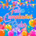 A vibrant animated GIF with 'Feliz Cumpleaños Ryler' written in colorful script, surrounded by balloons, confetti, and bunting on a bright blue background.