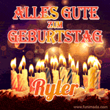 An animated GIF featuring 'Alles Gute Zum Geburtstag Ryler' in glowing red and gold letters above a cake with colorful lit candles, set against a festive sparkling background.
