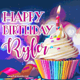 A festive animated GIF featuring a colorful cupcake with a single lit candle, sprinkles, and 'Happy Birthday Ryler' text against a sparkling, celebratory background.
