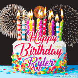 A lively happy birthday animated GIF showcasing a colorful birthday cake covered in sprinkles, topped with glowing candles, and surrounded by vibrant fireworks. The name 'Ryler' is featured in elegant script.