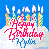 A cheerful animated GIF featuring colorful lit birthday candles on a white cake, with the text 'Happy Birthday Rylin' in bold red and blue script on a bright blue background.