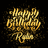 Animated GIF with colorful, festive 'Happy Birthday Rylin' text decorated with patterns, a party hat, and falling confetti. A vibrant and cheerful design for birthday celebrations.