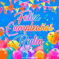 A vibrant animated GIF with 'Feliz Cumpleaños Rylin' written in colorful script, surrounded by balloons, confetti, and bunting on a bright blue background.