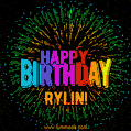 A colorful animated GIF featuring the text 'Happy Birthday Rylin!' in rainbow colors with a dynamic iridescent firework display in the background.