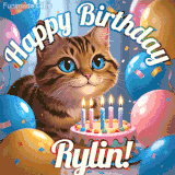 A playful tabby cat sits behind a colorful birthday cake surrounded by balloons and confetti, with 'Happy Birthday Rylin!' written above in festive letters.
