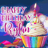 A festive animated GIF featuring a colorful cupcake with a single lit candle, sprinkles, and 'Happy Birthday Rylin' text against a sparkling, celebratory background.