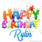 Animated GIF with colorful, festive 'Happy Birthday Rylin' text decorated with patterns, a party hat, and falling confetti. A vibrant and cheerful design for birthday celebrations.