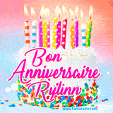 A white birthday cake covered in colorful sprinkles, topped with bright candles, and French text 'Bon Anniversaire Rylinn' on a pastel gradient background in an animated GIF.