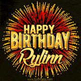 Golden 'Happy Birthday Rylinn' text accompanied by animated rainbow fireworks for a festive animated greeting.