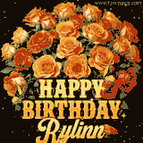 Animated bouquet of orange roses with moving butterfles and golden 'Happy Birthday Rylinn' text, surrounded by sparkling accents and a dark backdrop for a luxurious feel.