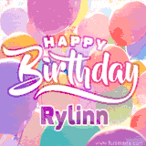 A vibrant name GIF featuring colorful balloons in shades of pink, orange, and yellow with the bold text 'Happy Birthday Rylinn' in festive fonts, creating a lively birthday vibe.