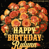 Animated bouquet of orange roses with moving butterfles and golden 'Happy Birthday Rylynn' text, surrounded by sparkling accents and a dark backdrop for a luxurious feel.