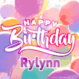 A vibrant name GIF featuring colorful balloons in shades of pink, orange, and yellow with the bold text 'Happy Birthday Rylynn' in festive fonts, creating a lively birthday vibe.