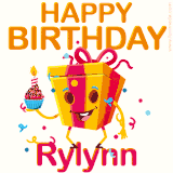 A vibrant and funny gift box character with a happy face dancing with a cupcake and the text 'Happy Birthday Rylynn,' surrounded by animated confetti and party vibes.
