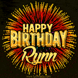 Golden 'Happy Birthday Rynn' text accompanied by animated rainbow fireworks for a festive animated greeting.