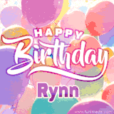 A vibrant name GIF featuring colorful balloons in shades of pink, orange, and yellow with the bold text 'Happy Birthday Rynn' in festive fonts, creating a lively birthday vibe.