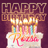 A colorful birthday cake topped with lit candles, with the words 'Happy Birthday Rózsa' in bold glowing letters on a burgundy background. Animated flames add a festive touch.