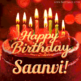 Beautifully decorated red velvet berry birthday cake with vibrant fruits and a glowing 'Saanvi' name, adding a touch of sweetness and sparkle.