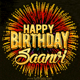 Golden 'Happy Birthday Saanvi' text accompanied by animated rainbow fireworks for a festive animated greeting.