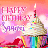 A vibrant birthday GIF featuring a rainbow-colored cupcake topped with white frosting, sprinkles, and a lit candle. The text reads 'Happy Birthday Saanvi' in bold pink and violet letters with white outline.