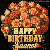 Animated bouquet of orange roses with moving butterfles and golden 'Happy Birthday Saanvi' text, surrounded by sparkling accents and a dark backdrop for a luxurious feel.