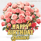 Golden 'Happy Birthday Saanvi' text beneath a vibrant bouquet of orange roses, complete with glittering butterflies and sparkling details.